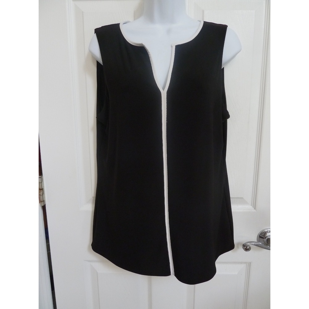 White House Black Market Sz L Black White V-Neck Sleeveless Pullover Blouse